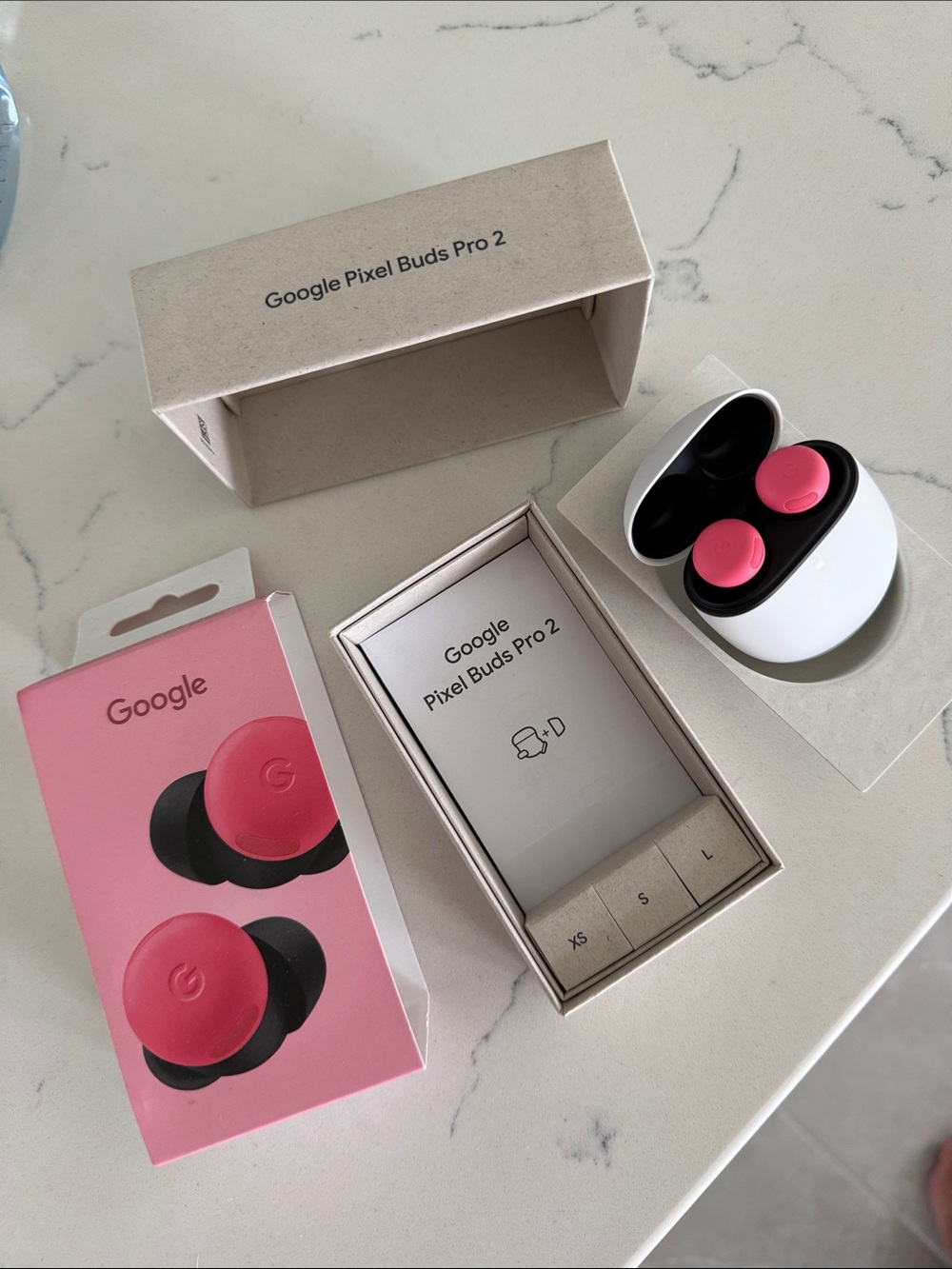 Google Pixel Buds Pro 2 Pink Earbuds with White Case and Packaging